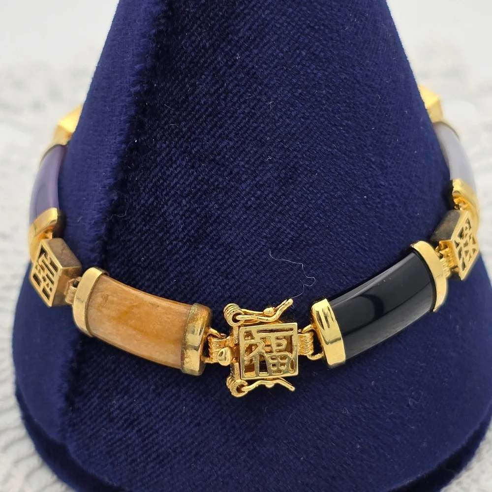 Vintage Multi Color Jade Chinese Character Link Bracelet Gold Tone 7.5 Inch